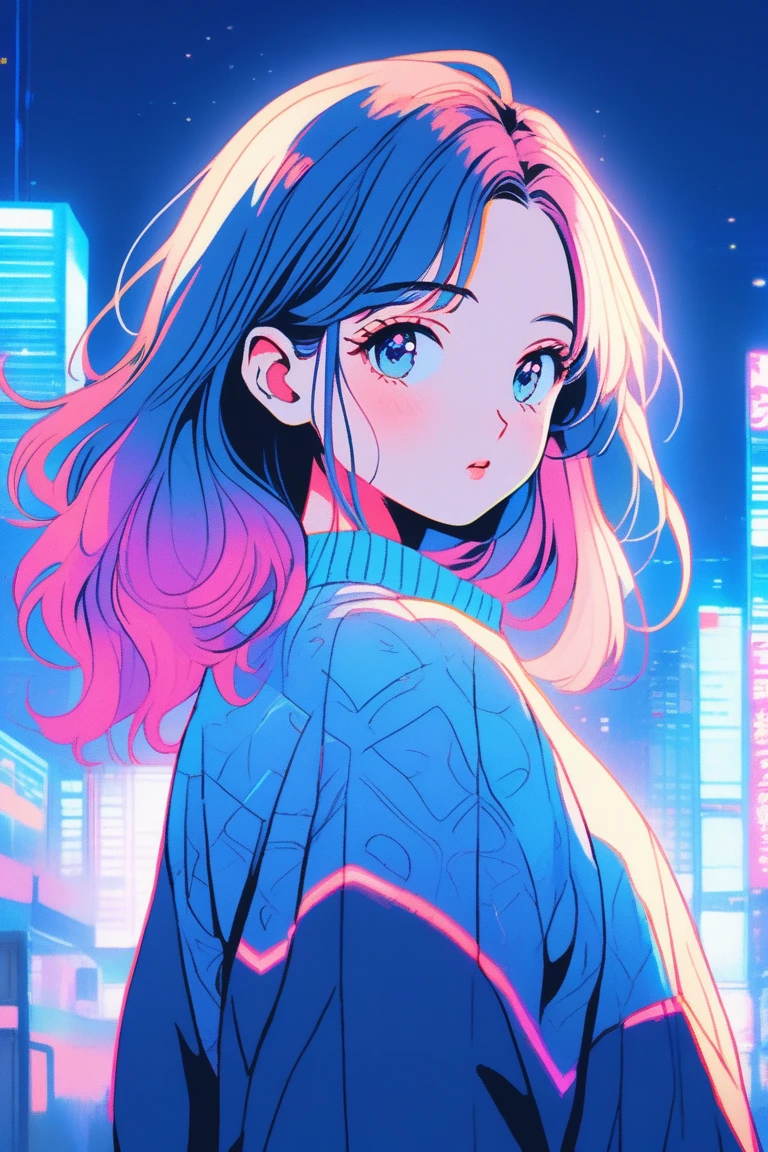 Illustrator, japanese cartoon movies , realistic ,sketch , 1 girl, shining pupils, sweater, blue gradient background, Neon Hair,textured trim, city background, (masterpiece,best quality), 8k,