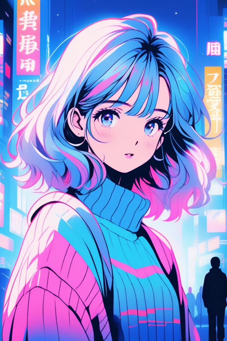 Illustrator, japanese cartoon movies , realistic ,sketch , 1 girl, shining pupils, sweater, blue gradient background, Neon Hair,textured trim, city background, (masterpiece,best quality), 8k,