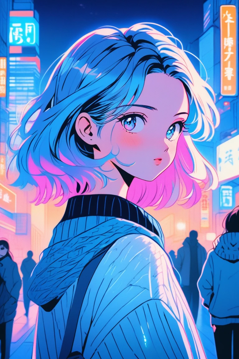 Illustrator, japanese cartoon movies , realistic ,sketch , 1 girl, shining pupils, sweater, blue gradient background, Neon Hair,textured trim, city background, (masterpiece,best quality), 8k,