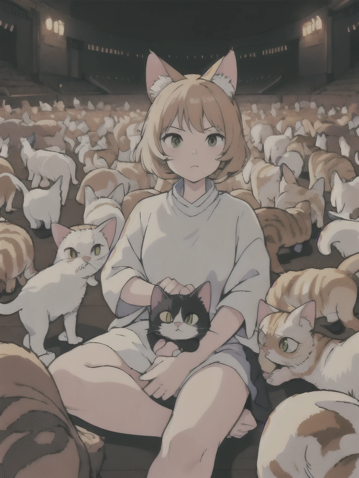 (masterpiece、Highest quality)、1 female with cat ears、Surrounded by 100 cats、Look at the audience with a straight face、