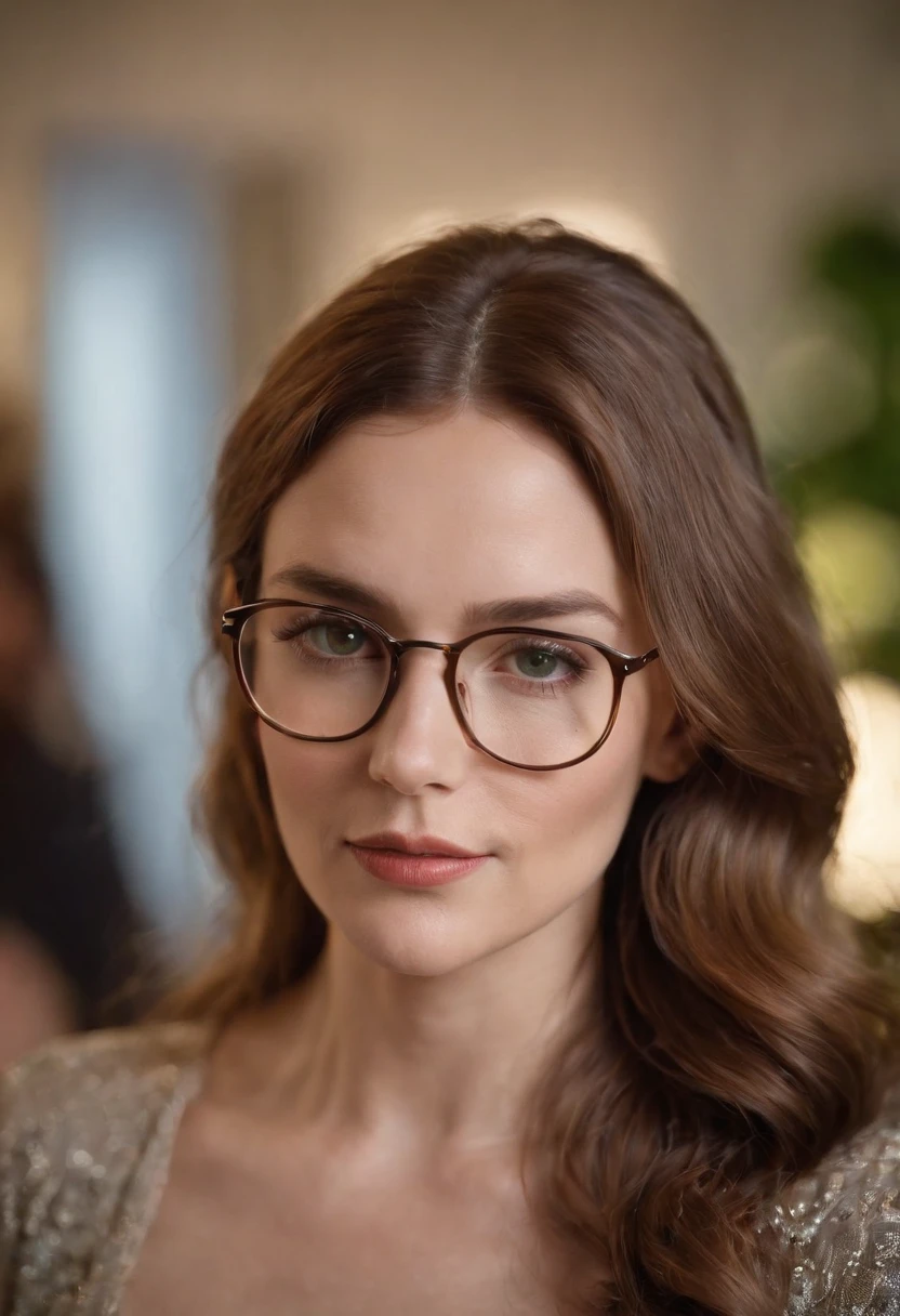 As the camera pans around the room, the magical bokeh of the lights creates a dreamlike atmosphere. No centro da sala, There is a 45 year old with big glasses and wavy light brown hair, boca grande, full lips and green eyes. She wears a shirt with a generous neckline, drawing attention, adding a touch of mystery to its already intriguing presence. its intricate details adding to the overall cinematic feel of the scene.