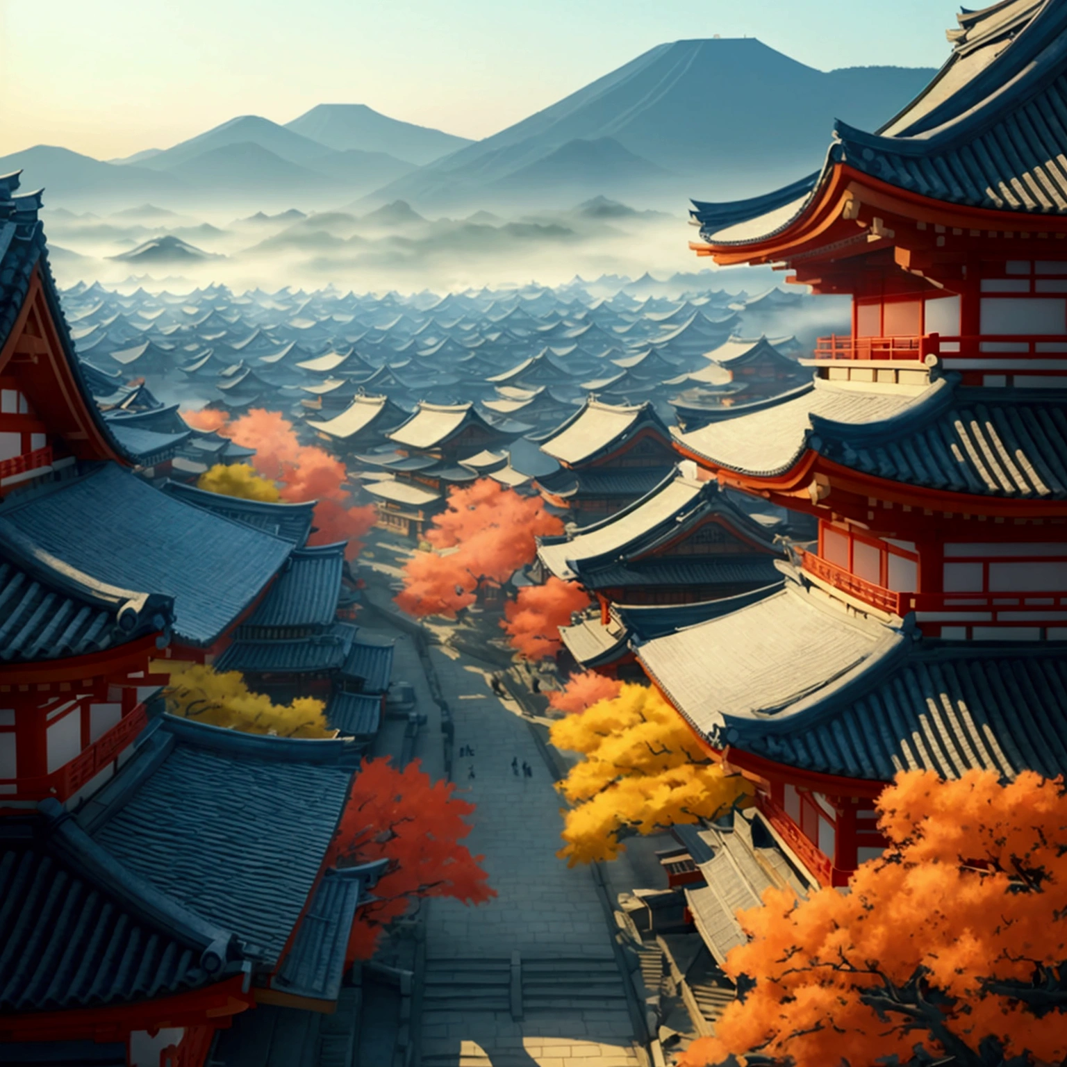 A huge ancient Japanese city from the Taisho era seen from above. captured in an ultra-realistic full HD 4K portrait, detailed texture showing its menacing shape. Immersive atmosphere with high definition shadow play. Digital painting with fog in the environment, pag roofs
