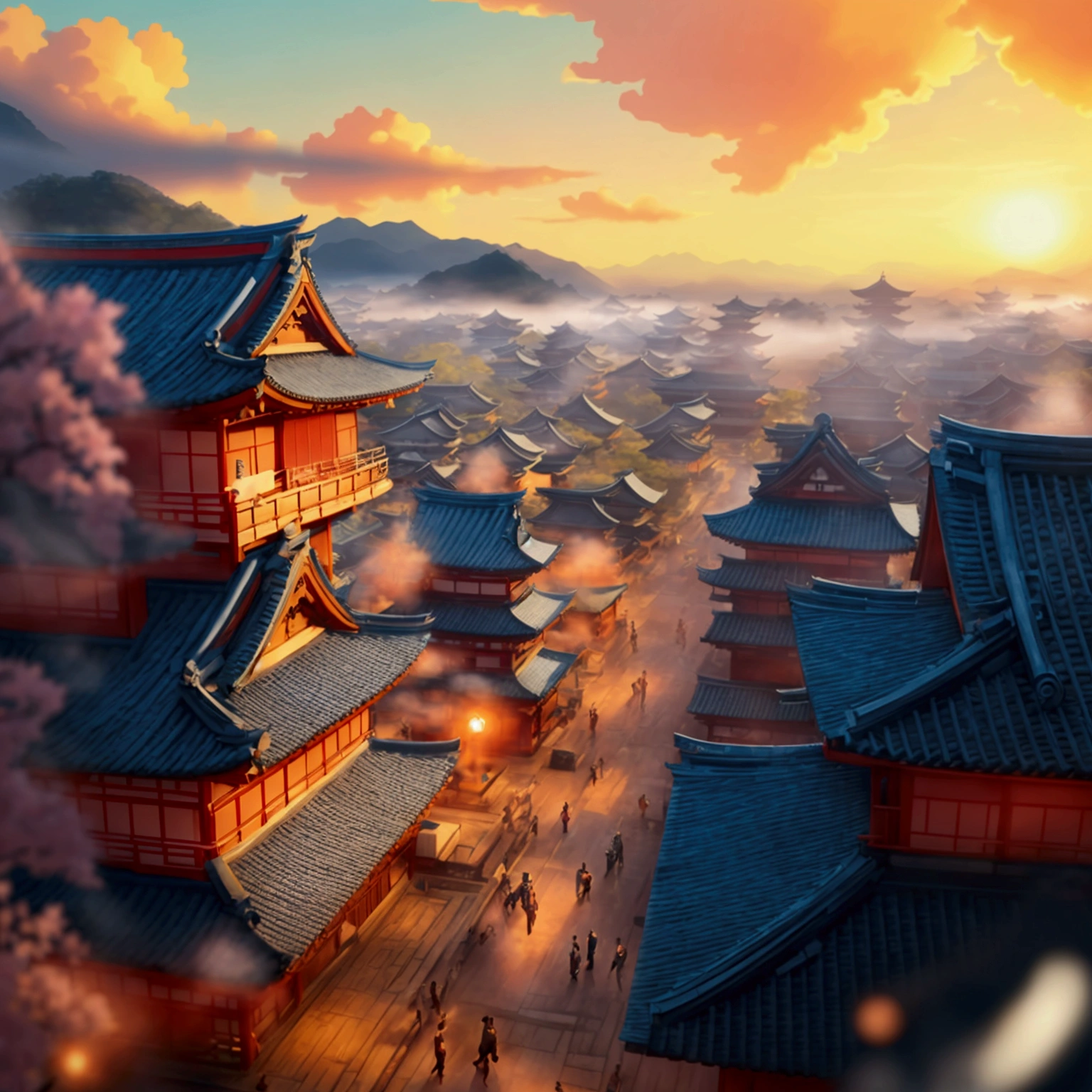 A huge ancient Japanese city from the Taisho era seen from above. captured in an ultra-realistic full HD 4K portrait, detailed texture showing its menacing shape. Immersive atmosphere with high definition shadow play. Digital painting with fog in the environment, pag roofs