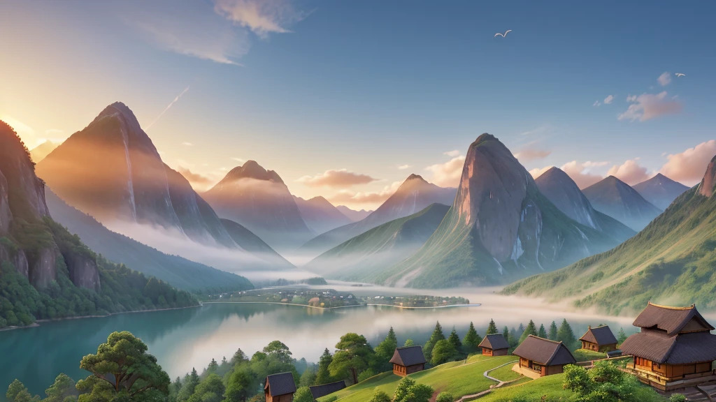 The image you just described is a traditional East Asian landscape painting.   It has misty mountains with sharp peaks, some partially obscured by clouds or fog.   A waterfall cascades down one of the mountains.   In the foreground, there are two small boats in what appears to be calm waters.   Birds are flying across the scene, suggesting dawn or dusk.   The painting's use of soft colors and blurred lines give it a feeling of tranquility and elegance.   Pretty