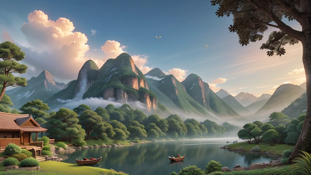 The image you just described is a traditional East Asian landscape painting. It has misty mountains with sharp peaks, some partially obscured by clouds or fog. A waterfall cascades down one of the mountains. In the foreground, there are two small boats in what appears to be calm waters. Birds are flying across the scene, suggesting dawn or dusk. The painting's use of soft colors and blurred lines give it a feeling of tranquility and elegance. Pretty