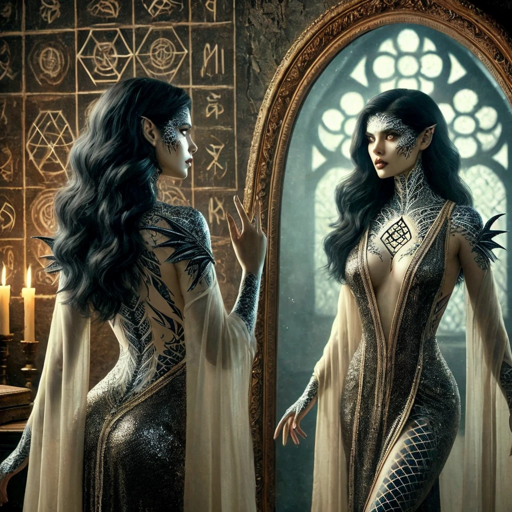 elegant leather armor, tightly fitting figure, intricately detailed curves, sensual features, provocative pose, coy smile, intense seductive gaze, graceful yet sultry movements, dark smoky tavern setting, admiring male onlookers, dramatic lighting, accentuating physical allure, best quality, 4k, 8k, highres, masterpiece, ultra-detailed, realistic, photorealistic, photo-realistic, cinematic, intricate details, dramatic chiaroscuro lighting, scales on belly, hips, legs, arms, full lactating breasts, partially on face