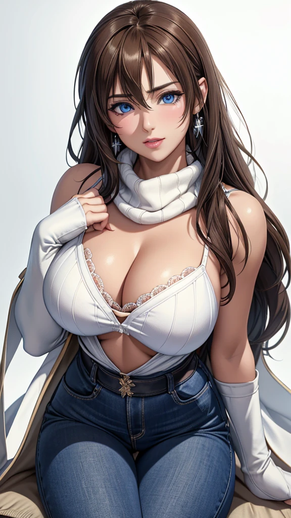 blue eyes with slit pupils, (highest quality, masterpiece painting:1.3), immature woman, , (half body shot), masterpiece, ultra high resolution, (Photoreal:1.0), ((light brown hair)),straight hair, beautiful shining hair, white and shining skin, ((Ultra realistic details)), octane rendering, highly detailed face, (big breasts:0.8), (make a heart with hands), Blanket Scarf Wrap, A large, cozy blanket scarf in a plaid or checkered pattern, Wrap it around your neck or drape it over your shoulders for warmth, Style with a chunky knit sweater, skinny jeans, and knee-high riding boots for a cozy winter look, open neckline, cleavage, perfect body, soft skin, White cherry blossom embroidery pattern, silver earrings, (pure white background:1.4), sharp focus, intricate details, professional artwork, (bright colors:1.1), bright colors, diffused lighting, digital blending, ultra-definition body, ultra detail hair, super detailed face, trending on pixiv, top button open, Cute gaze, compensate, perfect lips, perfect compensate, Ultra-precision coating, (light_smile:0.8), ((Large breasts))