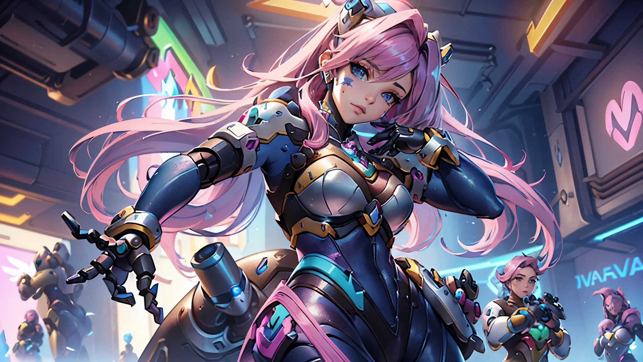 best qualityer，Masterpiece artwork，Final resolution，Soft，extremely colorful，de cor，Mermaid princess，(d.Go to Overwatch wearing your original blue suit:1.4)，black suspender stockings，Starry Android!,8K more detailed.engine unreal:1.4,uhd,La best qualityer:1.4, photorrealistic:1.4, texture skin:1.4, Masterpiece artwork:1.8,Masterpiece artwork, best qualityer,object object], (detailed facial features:1.3),(Blue robotic laboratory:1.4),(long pink hair:1.4),（descrição bonita e detalhada dos olhos）,(hands:1.4)