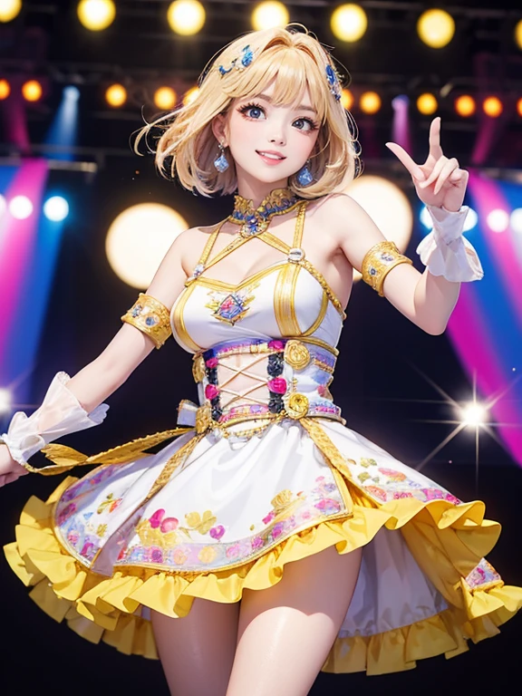 (Highest quality、 8k 、masterpiece、High resolution)、Full Body Shot、15 year old girl、Idol、Mascot Girl、Cute smile、Pretty lips、Light Hair Color、Long Bob、Adorable eyes、Dancing with a smile、Outdoor Stage、AKB48 Costumes、Realistic、Vibrant colors、Official Art、Detailed CG、Professional Lighting、Professional photographer、