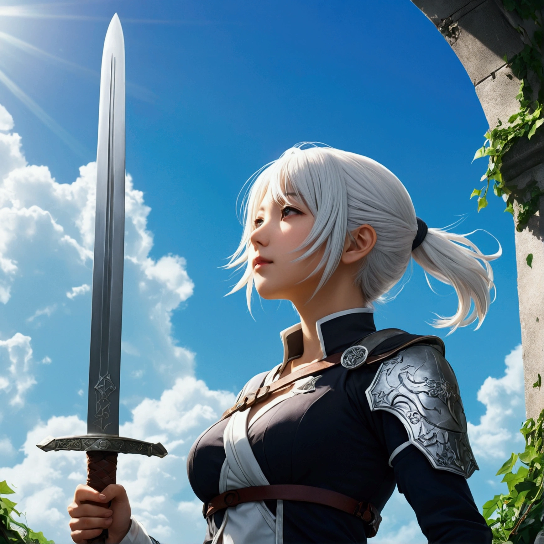 Ivy-covered ruins Dystopia Bright sun One Woman, White hair color、profile、Amazing anime 8k,Pose looking up to the sky, Lifting your chin and looking up、male Anime characters, trigger anime art style,Japanese sword、 Best anime 4k konachan wallpaper, Nervous age Assassin, Anime-style characters, Anime characters,