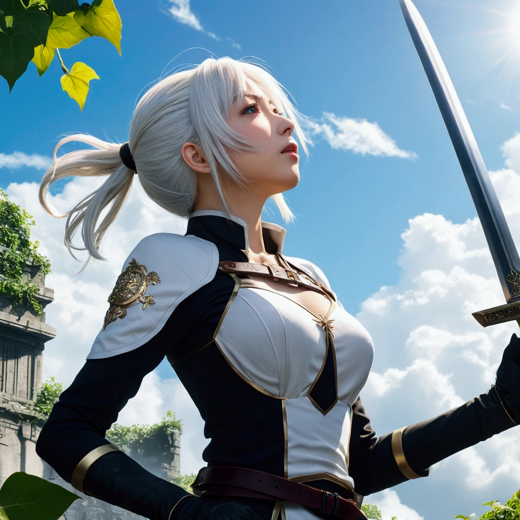 Ivy-covered ruins Dystopia Bright sun One Woman, White hair color、profile、Amazing anime 8k,Pose looking up to the sky, Lifting your chin and looking up、male Anime characters, trigger anime art style,Japanese sword、 Best anime 4k konachan wallpaper, Nervous Teenage Assassin, Anime-style characters, Anime characters,
