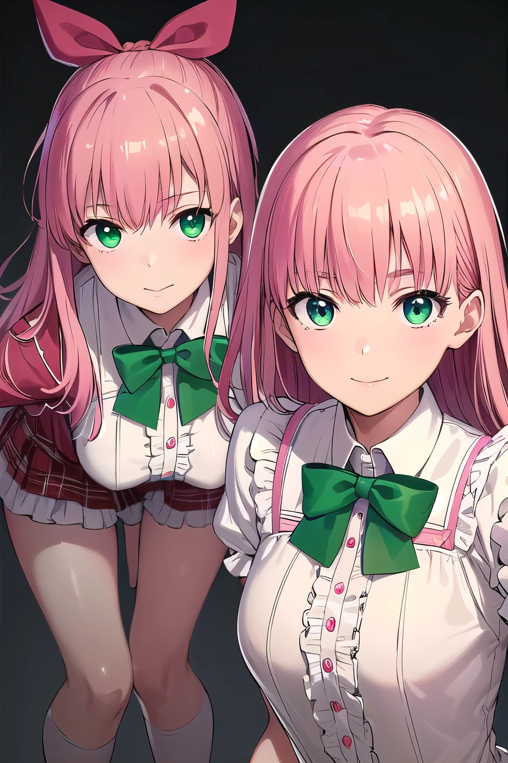 (8K, top-quality, masterpiece:1.2), (reallistic, Photorealsitic:1.37), Super Detail, One girl,), (Highly detailed), (beautifully detailed eyes), (of the highest quality), (super detailed ), (masterpiece), (Detailed face),20yr old, ,1 girl, ((pink hair,long hair)), medium breasts, clothed, Perfect Lighting, BREAK, (fantasy:1.1), (whimsical, magical:1.2), (emerald green, bright color shiny bodysuit:1.3), (tight, frilly:1.4), (bows, ribbons:1.4), (brown floral, small pattern:1.3), (blouse, short sleeves:1.3), (terracotta knee-high socks:1.3), (green pumps ribbon accent:1.3), (gold delicate jewelry:1.2), BRAKE, (upper body to thighs:1.1), (long wavy hair, pink:1.1), (smiling, cute:1.2), (facing forward:1.1), (dynamic pos:1.2), (blurred white background:1.1), (soft lighting:1.1)