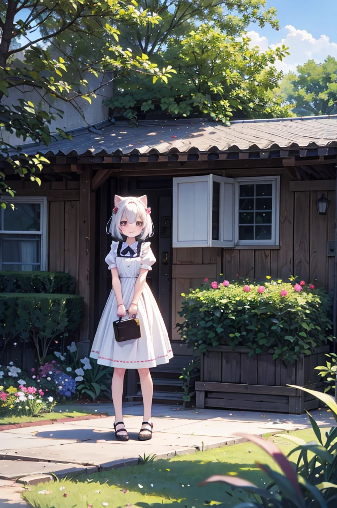 anime style, super fine illustration, highly detailed, dynamic angle, beautiful detailed, 8k, Summer afternoon in the garden, BREAK A dog smiles as it peeks out of a box. BREAK A shower of sprinklers pours down. BREAK A rainbow appears in the sky.BREAK maid,white cat years,girl,short hair,BREAK I notice you.