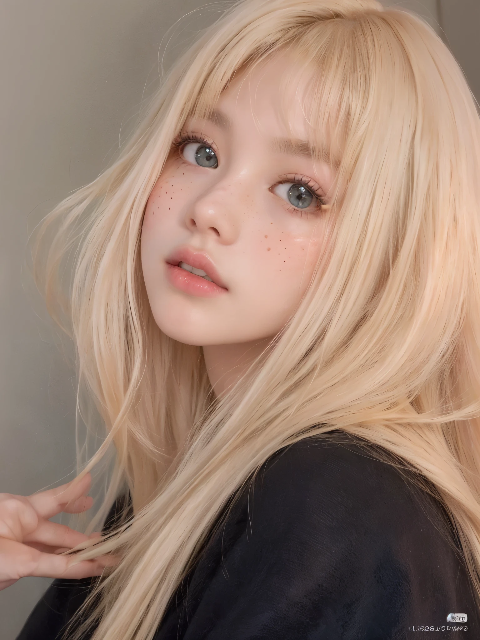 a close up of a woman with long blonde hair and freckled hair, lalisa manobal, ulzzang, Lalisa Manoban do Blackpink, very light blonde hair, extremely light blonde hair, parque roseanne de blackpink, pale round face, Long white hair and bangs, 🤤 portrait of , long blonde hair and big eyes