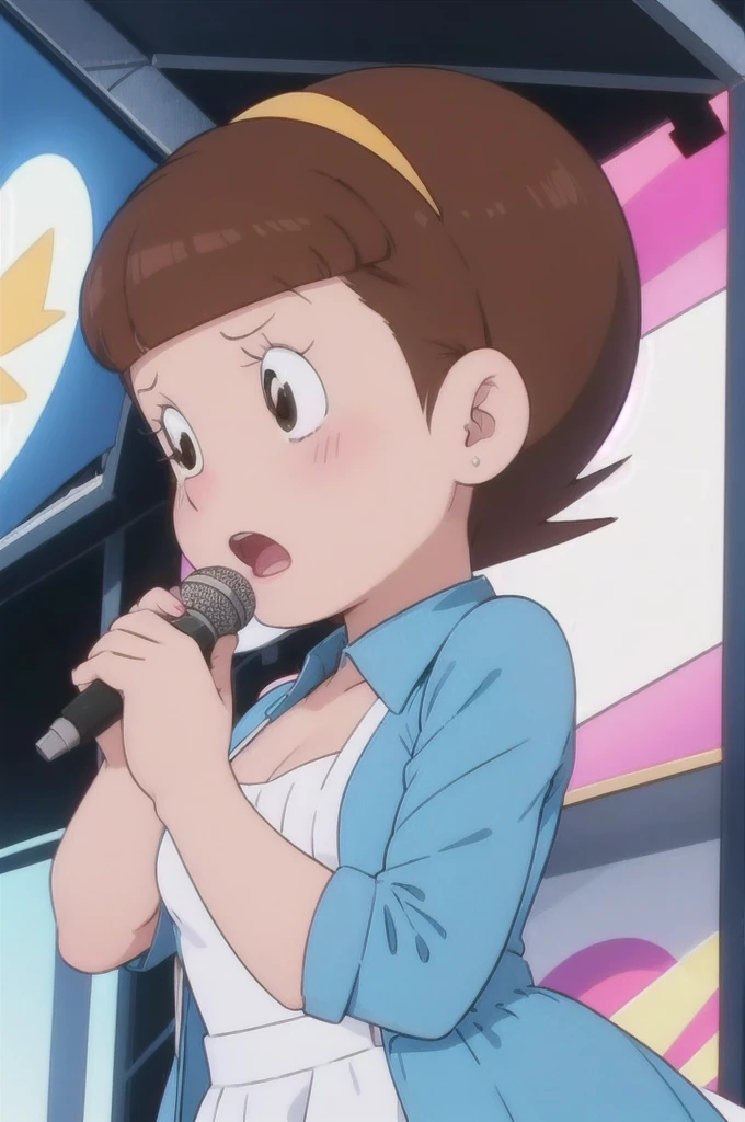 a beautiful idol girl hoshinosumire singing on stage, 1980s retro art style, 1990s style, detailed facial features, long eyelashes, detailed dress, cute expression, audience watching, best quality, 4K, 8k, highres, masterpiece, ultra-detailed, realistic, photorealistic, vivid colors, studio lighting, sharp focus, physically-based rendering, Full body images, Singing without a microphone, 5 heads and a good figure, Make your breasts a little bigger,Expressions full of sexual pleasure,In a sexy outfit that shows off her bust more