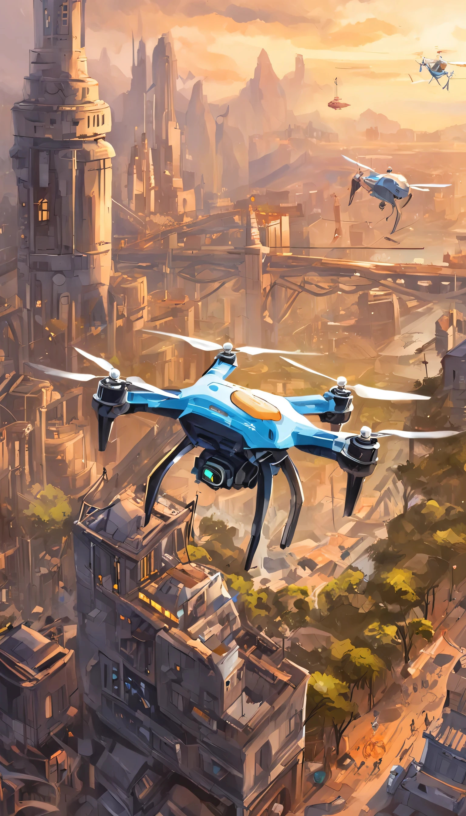 A teenager controls a quadcopter drone，cyberpunk style，illustration，Exciting battles，Flight stability，unique perspective，dynamic graphics，Full of technology，Amazing。