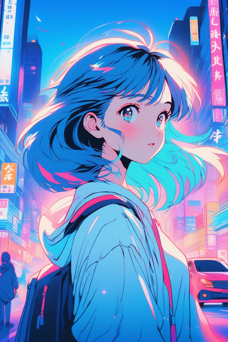 Illustrator, japanese cartoon movies , realistic ,sketch , 1 girl, shining pupils, blue gradient background, Neon Hair,textured trim, city background, (masterpiece,best quality), 8k, Vivid color, Vivid colors,