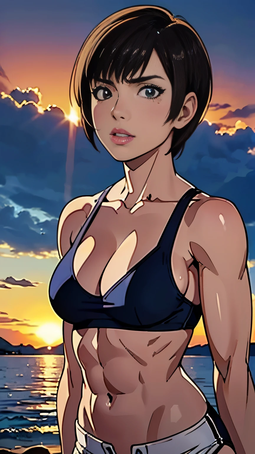 photo of mlp Meowko, RAW, beautiful woman, ((portrait)), ((detailed face:1.2)), ((anime, face, anime facial feature, clear skin, glossy lips, shiny luscious lips, clear skin), (short lesbian haircut, brunette: 1.55), (perfect proportioned body, Strong, muscular, narrow waist, narrow hips, skinny, large breasts, cleavage) (wearing sports bikini, short shorts), (Beach sandy, sunset on the water, evening), (realistic photo, best quality, detailed), (8k wallpaper), (cinematic lighting, beautiful light, (day:1.3)) (sharp focus, intricate)