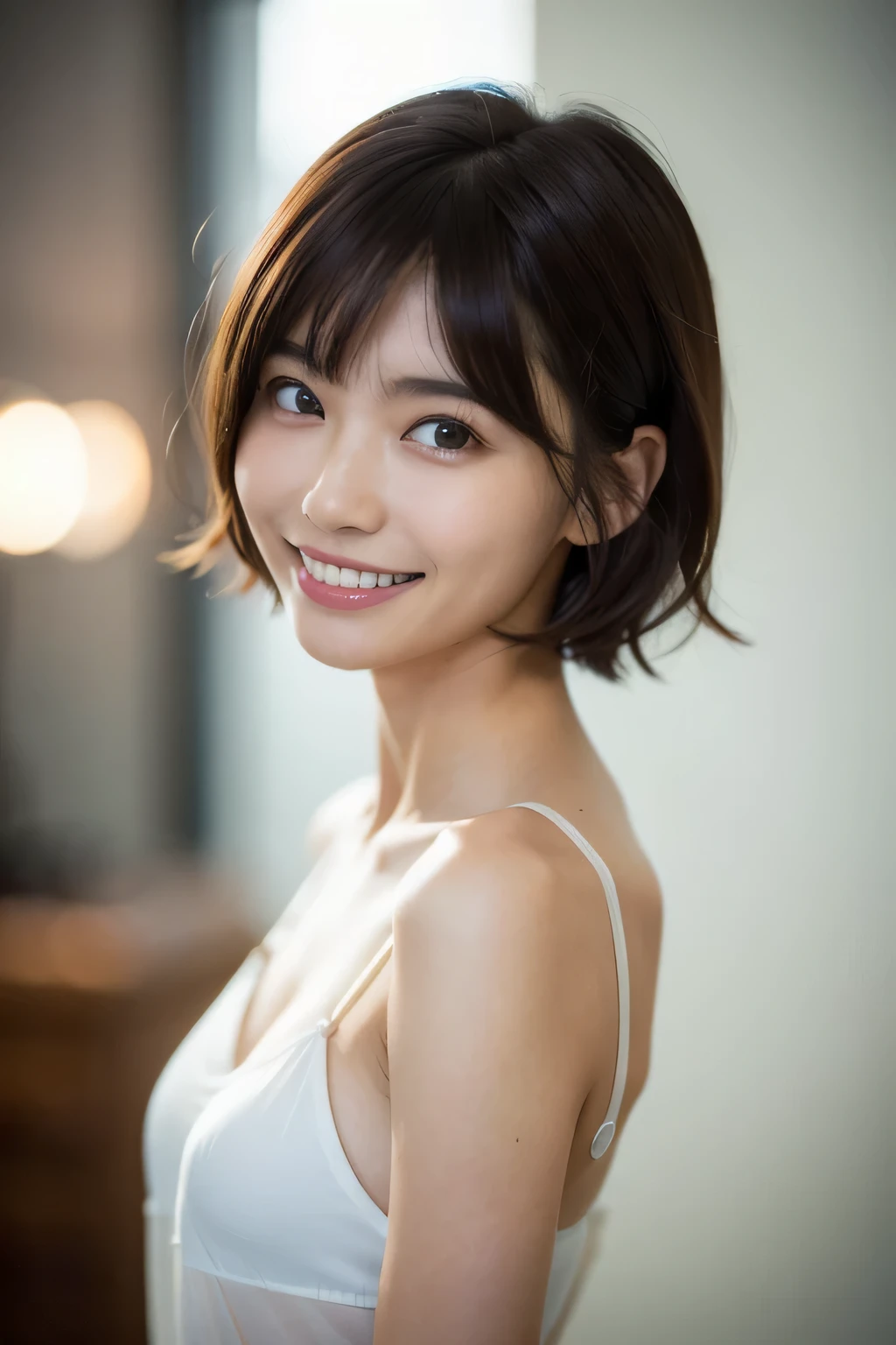 (Hyper Reality: 1.35), (Realistic: 1.4), A beautiful Japanese woman, smile, alone. (((No makeup))), masterpiece, 最high quality, high quality, alone, Very good, puberty, Only one girl, ((Perfect body)),((最high quality)),((Hello)),((Very delicate and beautiful)),((Very shallow depth of field)), family friendly, ((Very delicate and beautiful)), (((Very shallow depth of field))), (((Unbelievably absurd))), (((Perfect body))), dark brown hair, blowing boyish bob hair, shag messy hair, wolf cut, big hair,  Slim body type,  (((small ))), (((A happy and wonderful smile))), poor, my + background, Dynamic Angle, Focus on the woman&#39;s eyes, {Particles of light}, Detailed background, Soft lighting, (dramatic), sunset, very beautiful sunset, Live Action, Realistic, cute smile, (blurred background), (((11 years old))),, ((wind)), ((Movement)), ((emotion)), ((colorful)), ((Baby Face:1.4)), ((Beautiful Teeth)), Wither, sea background, (((:1.3))), (((BDSM:1.3))), Very fair skin, ((super extra enormous breast:1.4)),(((cleavage:1.4))), (((Cowboy Shot))),  Impossible Half Top Bikini , (((High neck))), (((No sleeve))), Sideless tops, High neck , (White :1.4), (Fishnet tights), No sleeveタートルネック, whole body, knees, (((Underbust))), Side bust, (((Low riseビキニパンツ))), (((Low riseビキニパンツ))), (((Low rise))), (((whole body))),(((Low waist bikini))), Browsing Caution:1.4, BDSM:1.4,