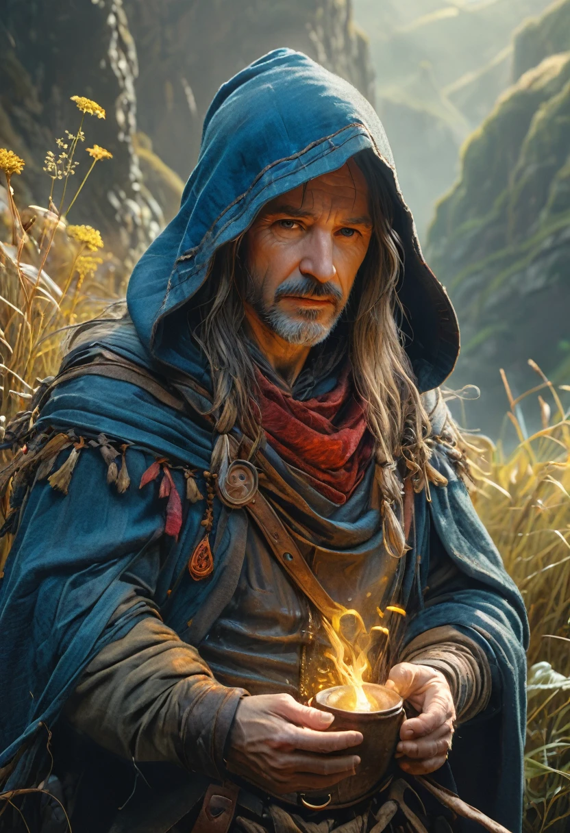 (best quality,4k,8k,highres,masterpiece:1.2),ultra-detailed,(realistic,photorealistic,photo-realistic:1.37), 1man, a cunning bandit, wear hood, satchel, weathered outfit, (leather clothes), highly detailed face and body, dramatic lighting, vibrant color, detailed landscape, intricate, ethereal beauty, From Brian Froud and Carne Griffiths and Wadim Kashin and John William Waterhouse, 8K post-production, high resolution, hyperdetailed, depth of field, HDR, intricate
