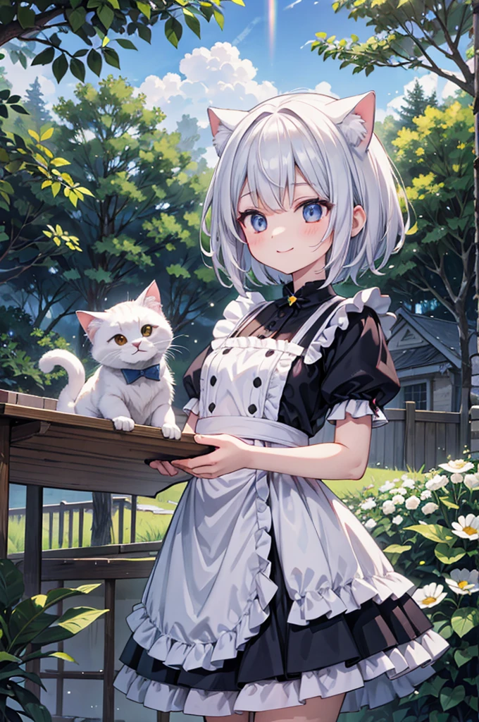 anime style, super fine illustration, highly detailed, dynamic angle, beautiful detailed, 8k, Summer afternoon in the garden, BREAK A dog smiles as it peeks out of a box. BREAK A shower of sprinklers pours down. BREAK A rainbow appears in the sky.BREAK maid,white cat years,girl,short hair,I notice you