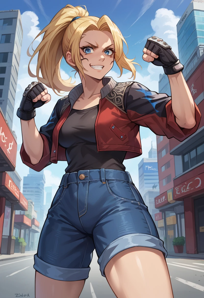 score_9, score_8_up, score_7_up, 1girl, solo, (female:1.5), female focus, female body, solo, zell, solo, blue eyes, gloves, jacket, blonde hair, long hair, medium ponytail, tattoo, gloves, facial tattoo, red jacket, black jacket, two-colours jacket, black shirt, fingerless gloves, shorts denim, standing, grin, fighting pose, looking at you, city,