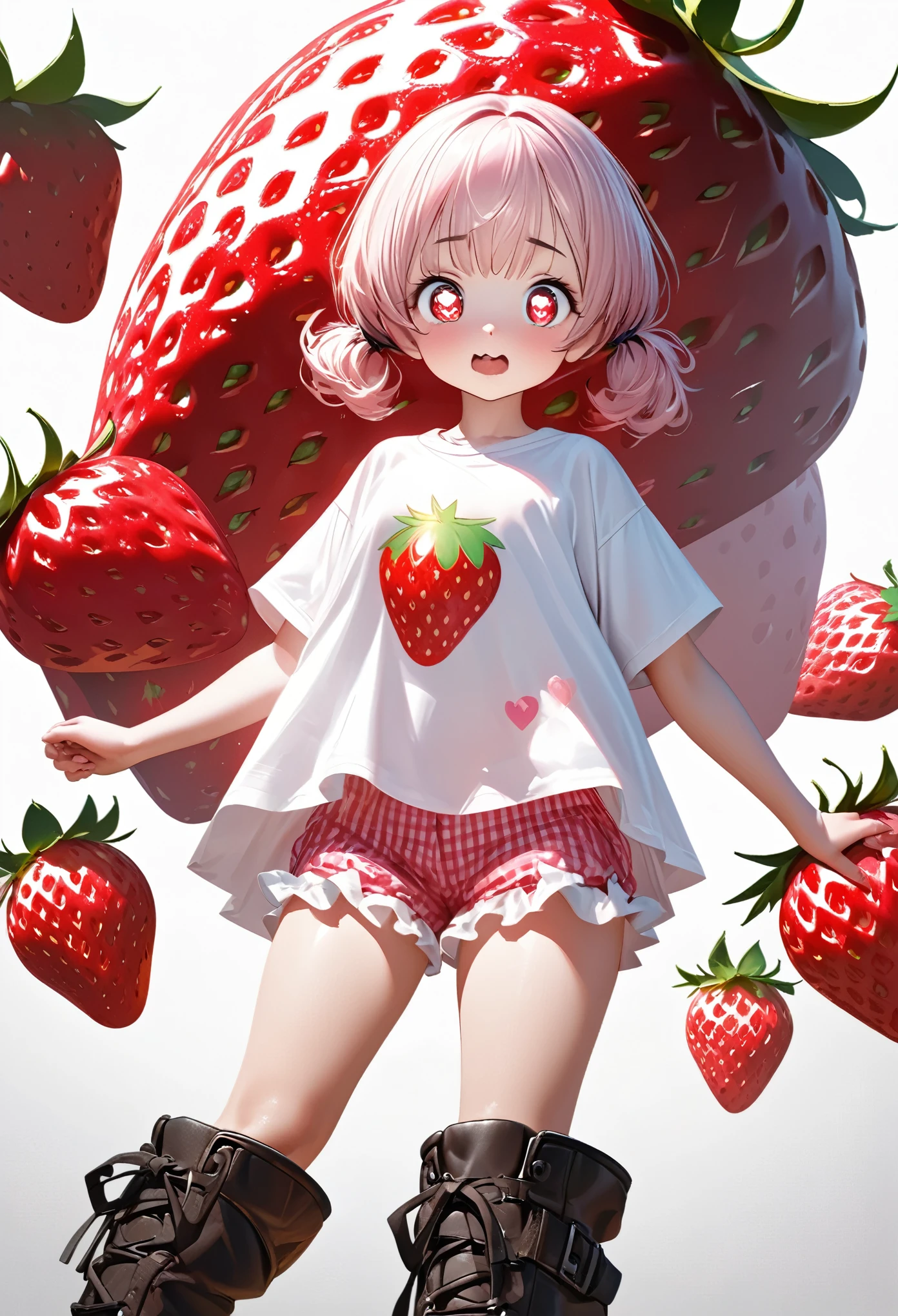 cute, White very short hair, (Big round eyes, Strawberry-shaped pupils), A lustful and lascivious face, light makeup, Pink short twin tails, イチゴにインスパイアされたcuteゆったりしたシャツを着ています, Strawberry-inspired ruffled shorts, Engineer boot, Lots of strawberries in the background, Shading Effects, Gradient Magic Effect, Fresh effect, Cute effects, (Super detailed, The absolute solution, Highest quality:1.3), 2.5D, delicate and dynamic, Artistic photography, Ultra-realistic, Graphics CG Digital Art, Manga style