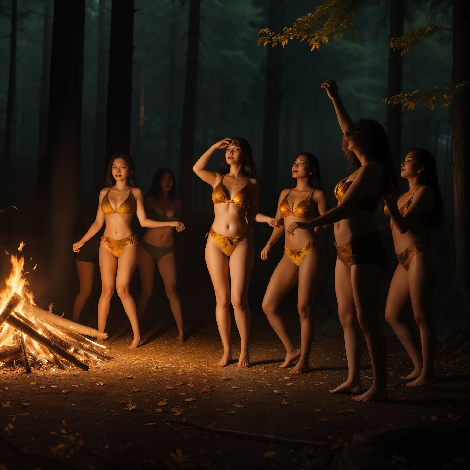 On a summer night, a group of primitive beautiful girls wearing leaves danced wildly around a bonfire in the forest,Very confusing movements and eyes,Real sexy skin texture,Super realistic style