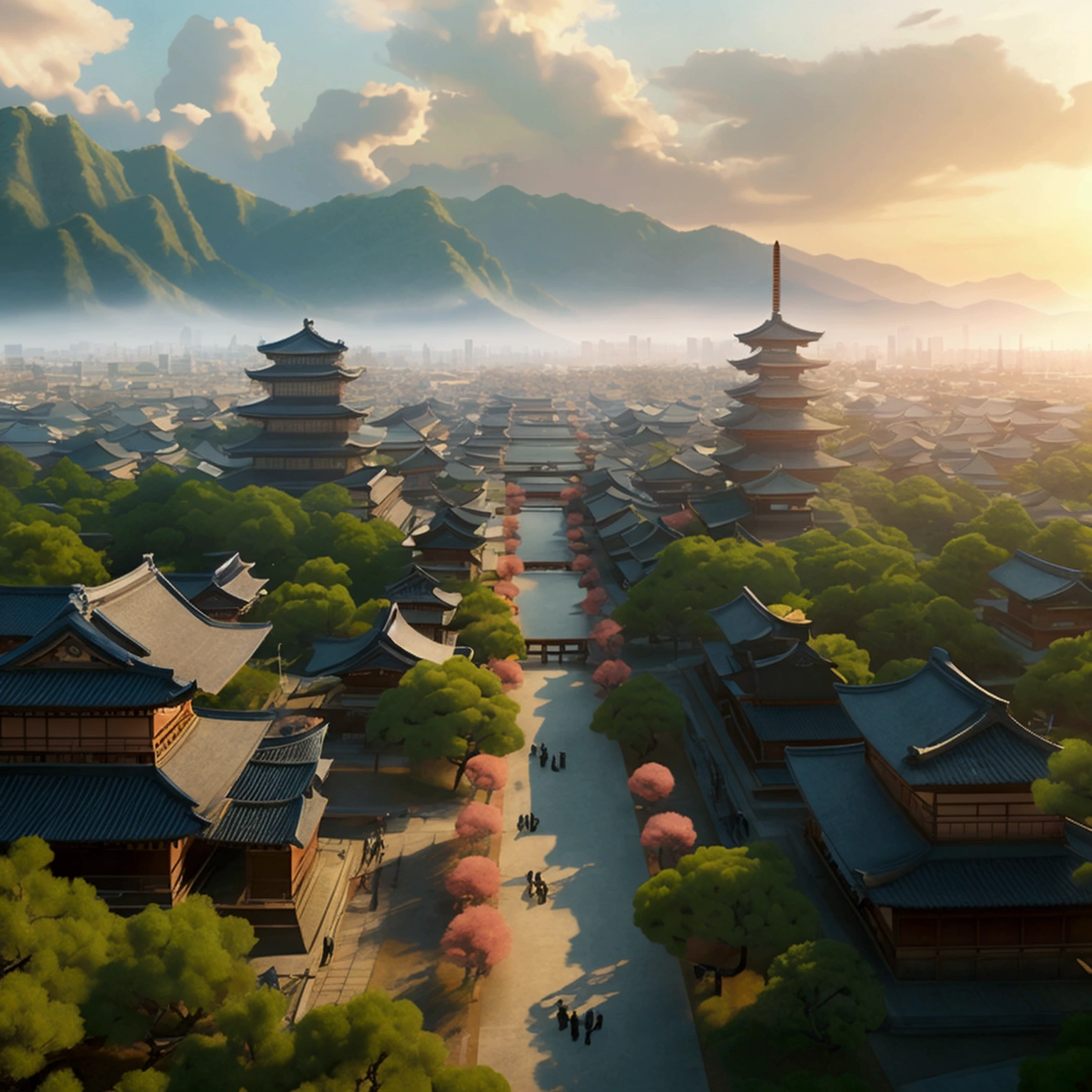 I want a huge ancient Japanese city from the Taisho era, I want a bird&#39;s eye view of the entire city. captured in an ultra-realistic full HD 4K portrait, detailed texture, Immersive atmosphere, high definition shadow play.