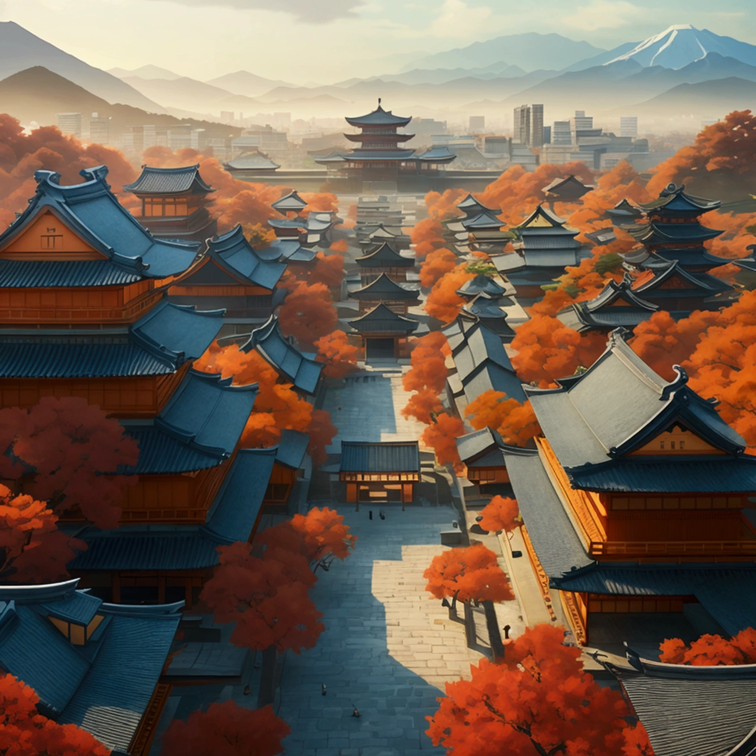 I want a huge ancient Japanese city from the Taisho era, I want a bird&#39;s eye view of the entire city. captured in an ultra-realistic full HD 4K portrait, detailed texture, Immersive atmosphere, high definition shadow play.