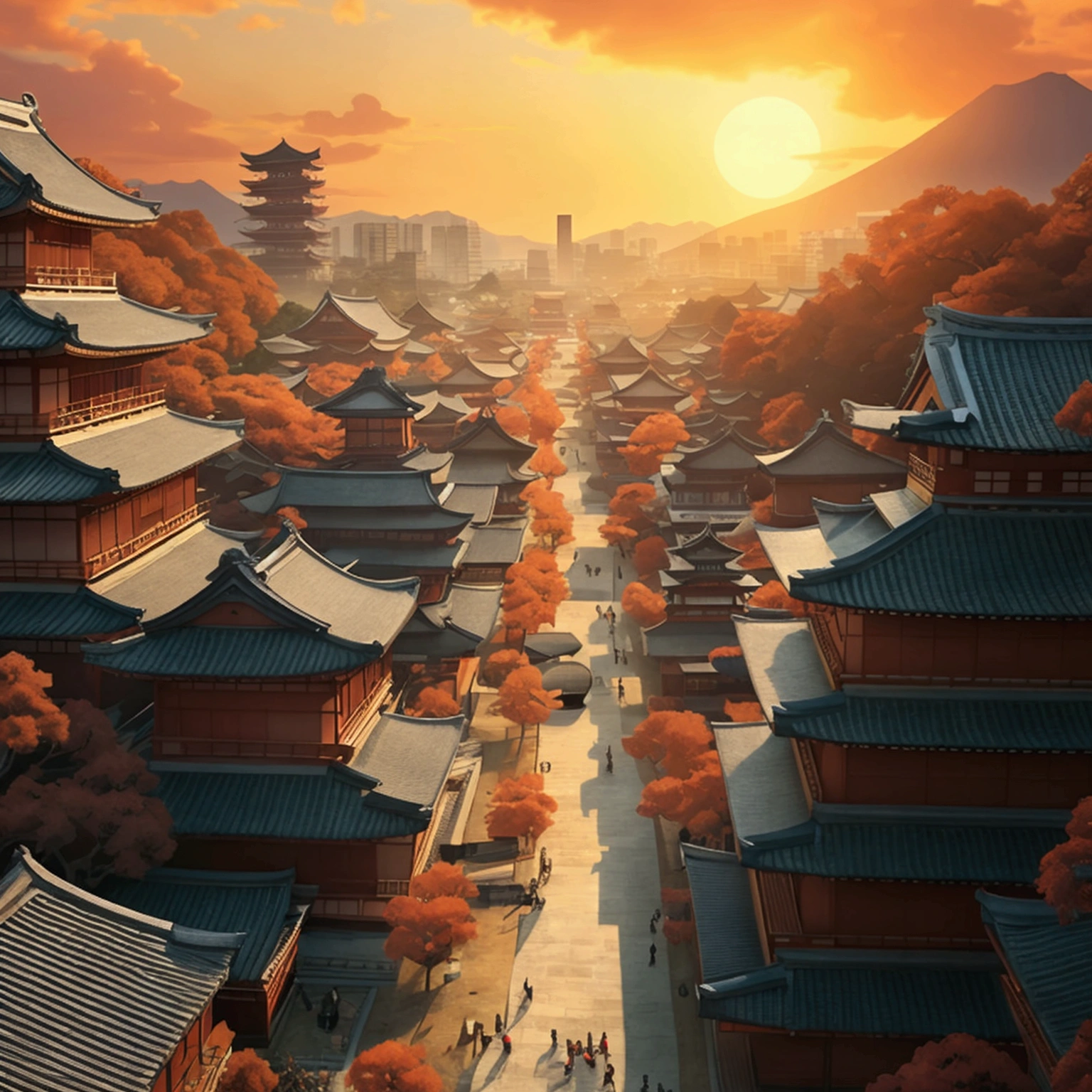 I want a huge ancient Japanese city from the Taisho era, I want a bird's eye view of the entire city. captured in an ultra-realistic full HD 4K portrait, detailed texture, Immersive atmosphere, high definition shadow play.