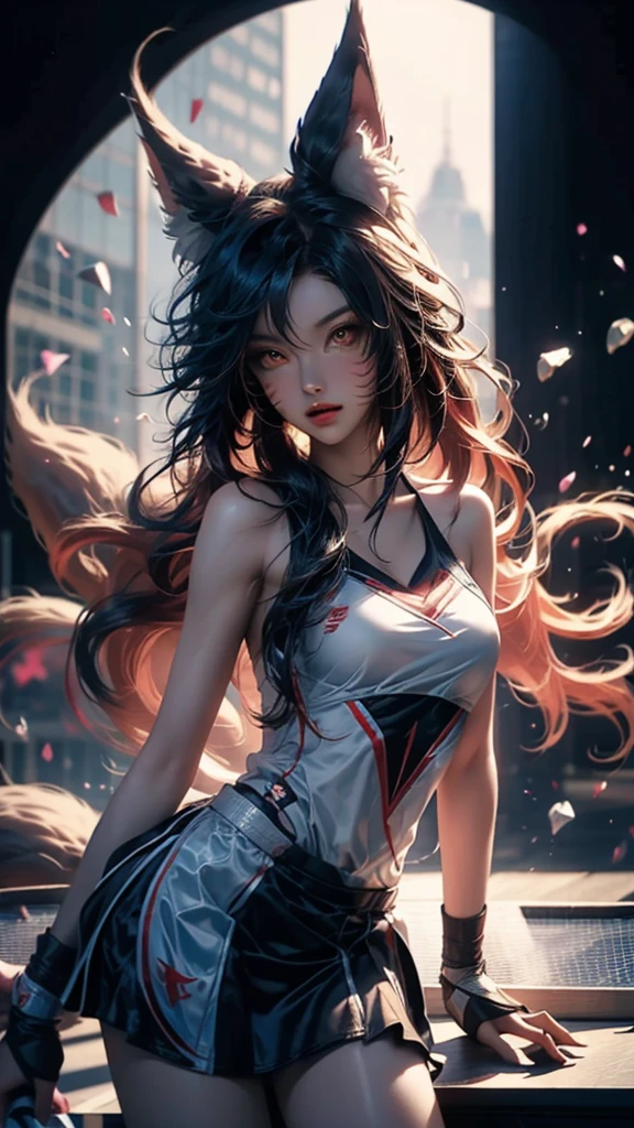 Sportscenter,exciting competition,Japanese nine-tailed fox girl,Long flowing hair,Wear sportswear,on the table tennis court,table tennis match