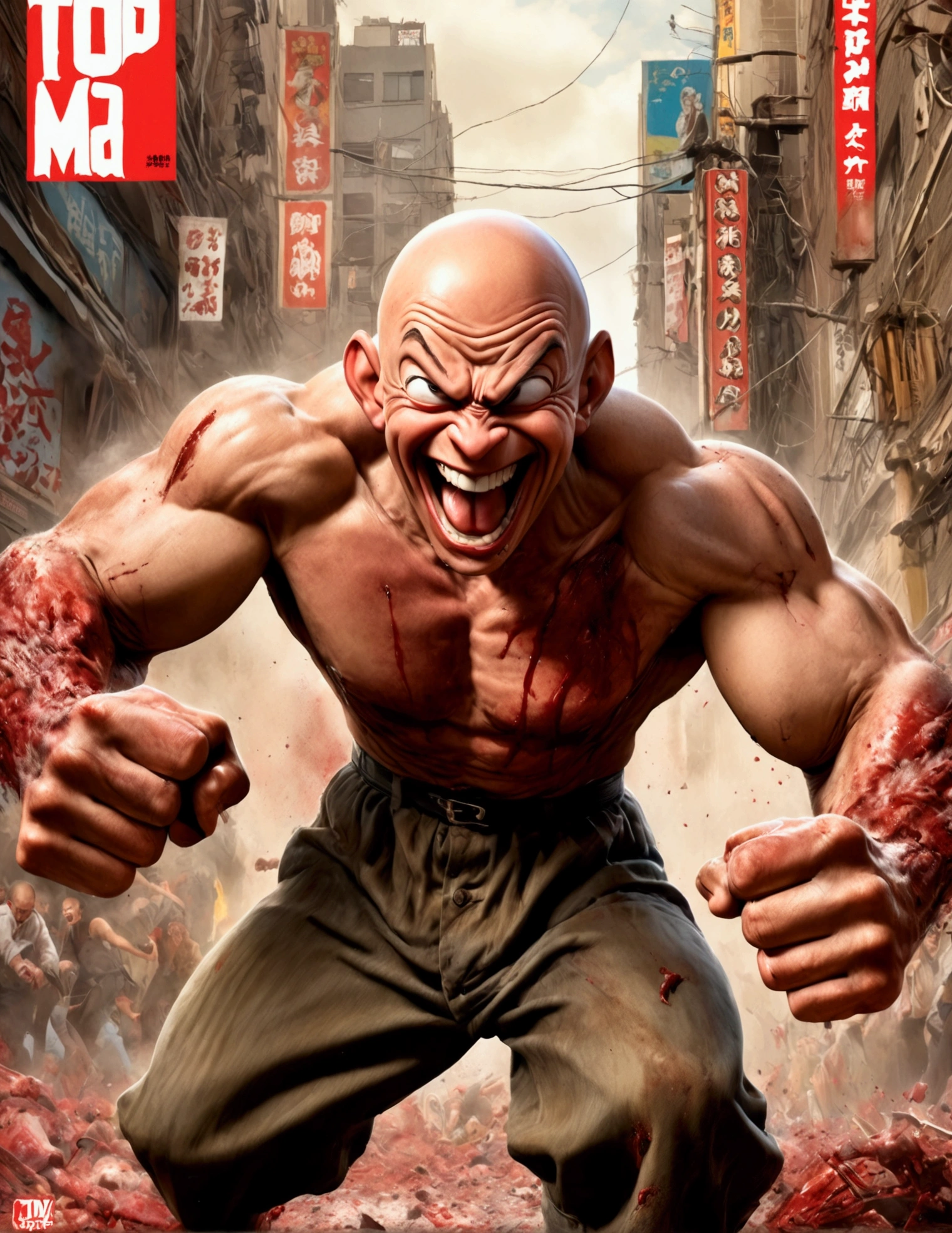 (Mad Magazine cover) A muscular bald man with a wide grin, a classic Alfred E. Newman face, in a heroic one-punch pose, the bloody remains of a monster strewn across a panicked crowd in downtown Tokyo, dynamic action, cinematic lighting, digital painting, highly detailed, 8k, photorealistic, dynamic composition, dramatic atmosphere, striking colors, vibrant (title across the top MAD)
