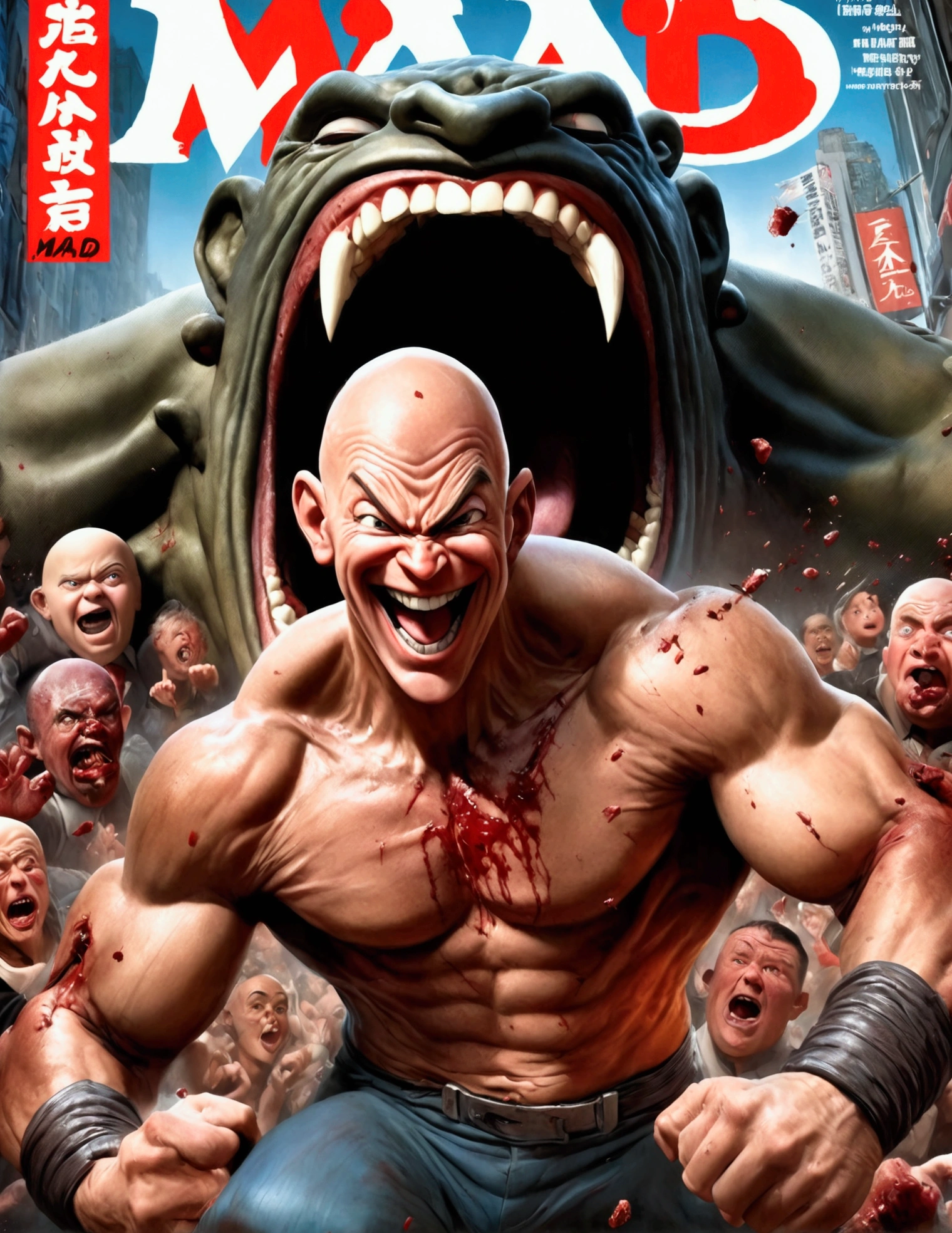 (Mad Magazine cover) A muscular bald man with a wide grin, a classic Alfred E. Newman face, in a heroic one-punch pose, the bloody remains of a monster strewn across a panicked crowd in downtown Tokyo, dynamic action, cinematic lighting, digital painting, highly detailed, 8k, photorealistic, dynamic composition, dramatic atmosphere, striking colors, vibrant (title across the top MAD)
