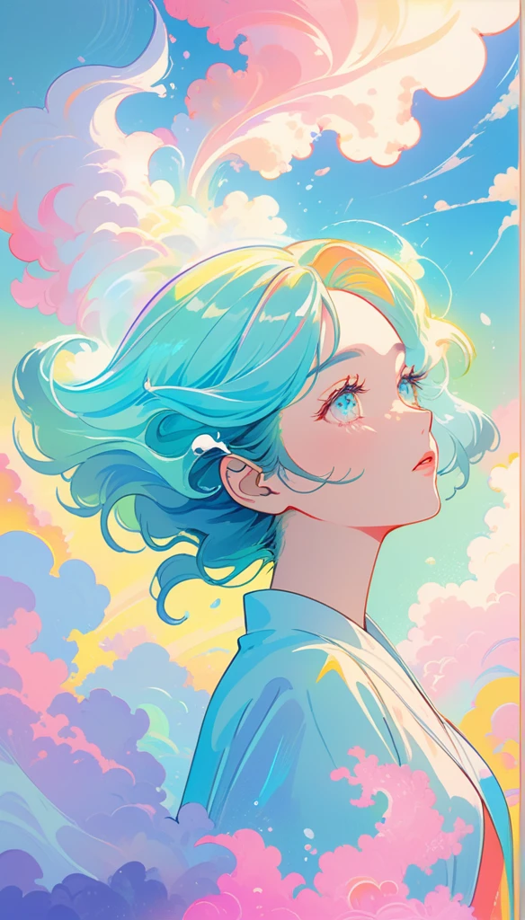 soft pastel colors, cartoon style illustration of a woman as she sees the world while experiencing hallucinations, stoned, splash art, splashed pastel colors, (soft iridiscent glowy smoke) motion effects, best quality, wallpaper art, UHD, centered image, MSchiffer art, ((flat colors)), (cel-shading style) very vibrant neon colors, ((low saturation)) ink lines, iridiscent,
