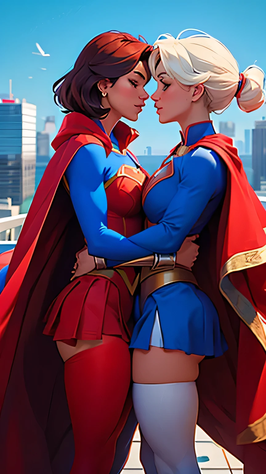 On the roof of a skyscraper,  Two big-breasted beauties，A Supergirl in her iconic blue and red costume, Logo on chest，Draped in a red cloak.The second Power Girl is wearing her iconic white outfit with a cutout design on her chest, A red cape is attached to the left side of the garment.They are kissing, Hold each other&#39;s buttocks. night, Dim Lights, Heavy rain. Two girls together. Girl Power. Girls hot. HD. high quality.