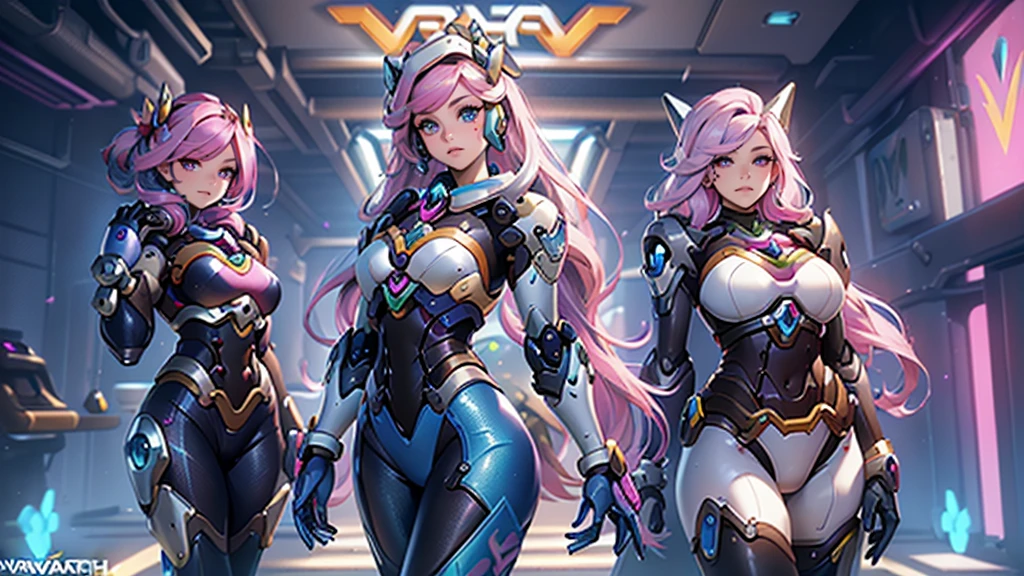best qualityer，Masterpiece artwork，Final resolution，Soft，extremely colorful，de cor，Mermaid princess，(d.Go to Overwatch wearing your original blue suit:1.4)，black suspender stockings，Starry Android!,8K more detailed.engine unreal:1.4,uhd,La best qualityer:1.4, photorrealistic:1.4, texture skin:1.4, Masterpiece artwork:1.8,Masterpiece artwork, best qualityer,object object], (detailed facial features:1.3),(Blue robotic laboratory:1.4),(long pink hair:1.4),（descrição bonita e detalhada dos olhos）,(hands:1.4)