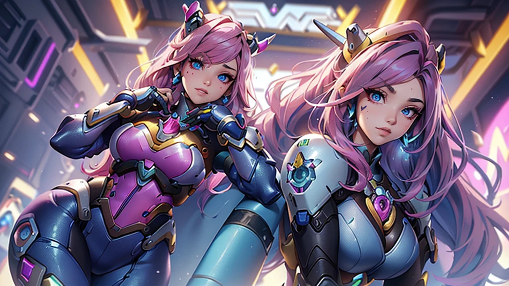 best qualityer，Masterpiece artwork，Final resolution，Soft，extremely colorful，de cor，Mermaid princess，(d.Go to Overwatch wearing your original blue suit:1.4)，black suspender stockings，Starry Android!,8K more detailed.engine unreal:1.4,uhd,La best qualityer:1.4, photorrealistic:1.4, texture skin:1.4, Masterpiece artwork:1.8,Masterpiece artwork, best qualityer,object object], (detailed facial features:1.3),(Blue robotic laboratory:1.4),(long pink hair:1.4),（descrição bonita e detalhada dos olhos）,(hands:1.4)
