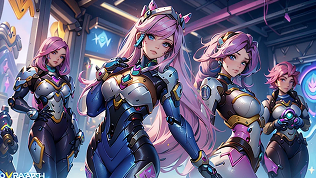 best qualityer，Masterpiece artwork，Final resolution，Soft，extremely colorful，de cor，Mermaid princess，(d.Go to Overwatch wearing your original blue suit:1.4)，black suspender stockings，Starry Android!,8K more detailed.engine unreal:1.4,uhd,La best qualityer:1.4, photorrealistic:1.4, texture skin:1.4, Masterpiece artwork:1.8,Masterpiece artwork, best qualityer,object object], (detailed facial features:1.3),(Blue robotic laboratory:1.4),(long pink hair:1.4),（descrição bonita e detalhada dos olhos）,(hands:1.4)
