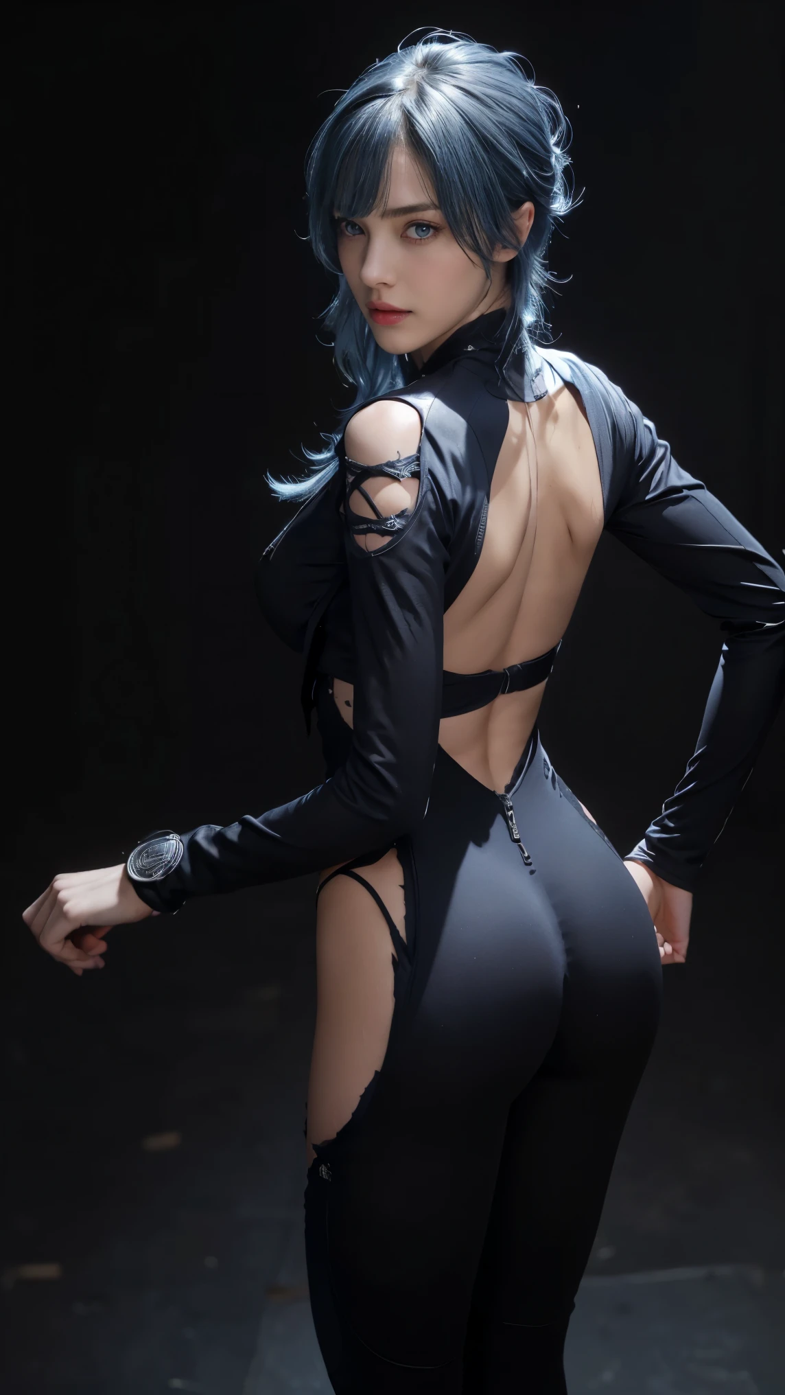 8K, Top Quality, Intricate Details, Ultra Detail, Ultra High Resolution, Masterpiece, close up shot, shot from behind, ((view from above, shot from above, above shot)), (Looking back), (full body: 1.1), Slender, Smile, smirk, (Makeup: 0.4), ,(( bangs, blue eyes, blue hair, bangs,  , )), (Fluffy  Eyes: 1.21), (()), 1girl, solo, 1 girl, (()), close up shot, , ((tall)), (((fit body))), (((slim face))), sharp face, ((walking pose))  ,(detailed face), sharp face, small lips, , ,(( ass , butt cheek,)) ,, ,
 ((, , wind blow hair,   )), , ((backless, skin tight suit, torn suit, ripped suit , tattered suit  )), detailed face, detailed breast, large breast, huge breast, detailed ass , large ass, huge ass, detail nipples ,, Narrow Waist, Skinny, tall , 190 cm tall, Muscular, Navel, Exposed Abdomen, Pointed Chest,, Beautiful girl with accentuated slender abs: 1.4, Six Pack Abs: 1.4, , Perfect Body, detail legs, (( dark background)), black background,