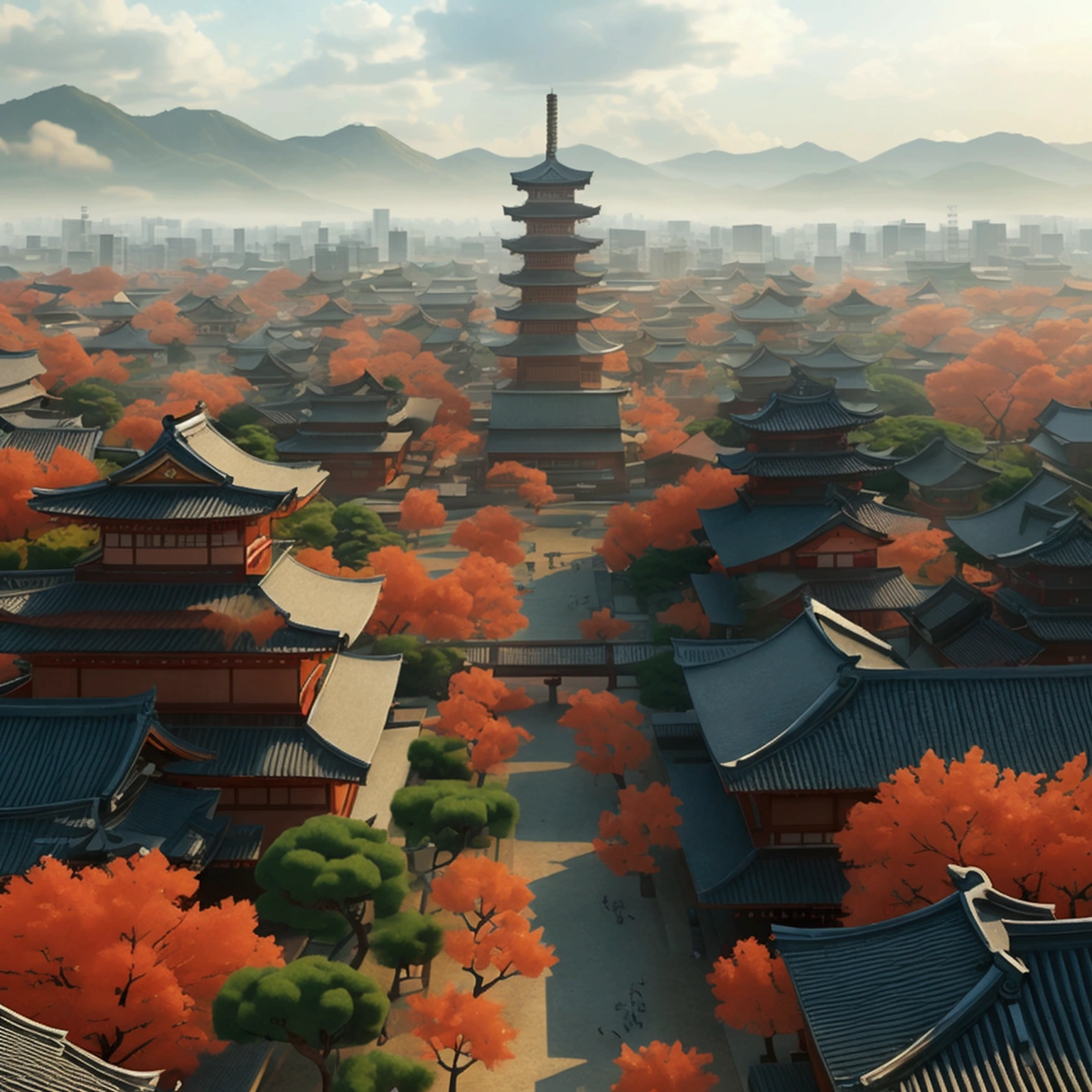 I want a huge ancient Japanese city from the Taisho era, I want a bird's eye view of the entire city. captured in an ultra-realistic full HD 4K portrait, detailed texture, Immersive atmosphere, high definition shadow play.