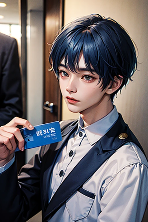 ID Photo, 1 boy, handsome, blue hair, age 20, Short hair, Korean, Salior suit