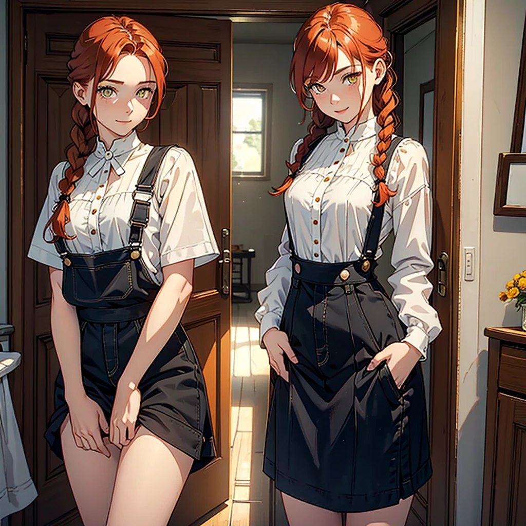 21 year old woman, (natural redhead), honey yellow eyes, by the wide, small braids, bright smile, detailed eyes, chest a little big, detailed body, beautiful body, detailed clothing, black overalls skirt with white blouse, head on, hands back leaning forward, flirtatious look, standing in the entrance of a house with the door open.