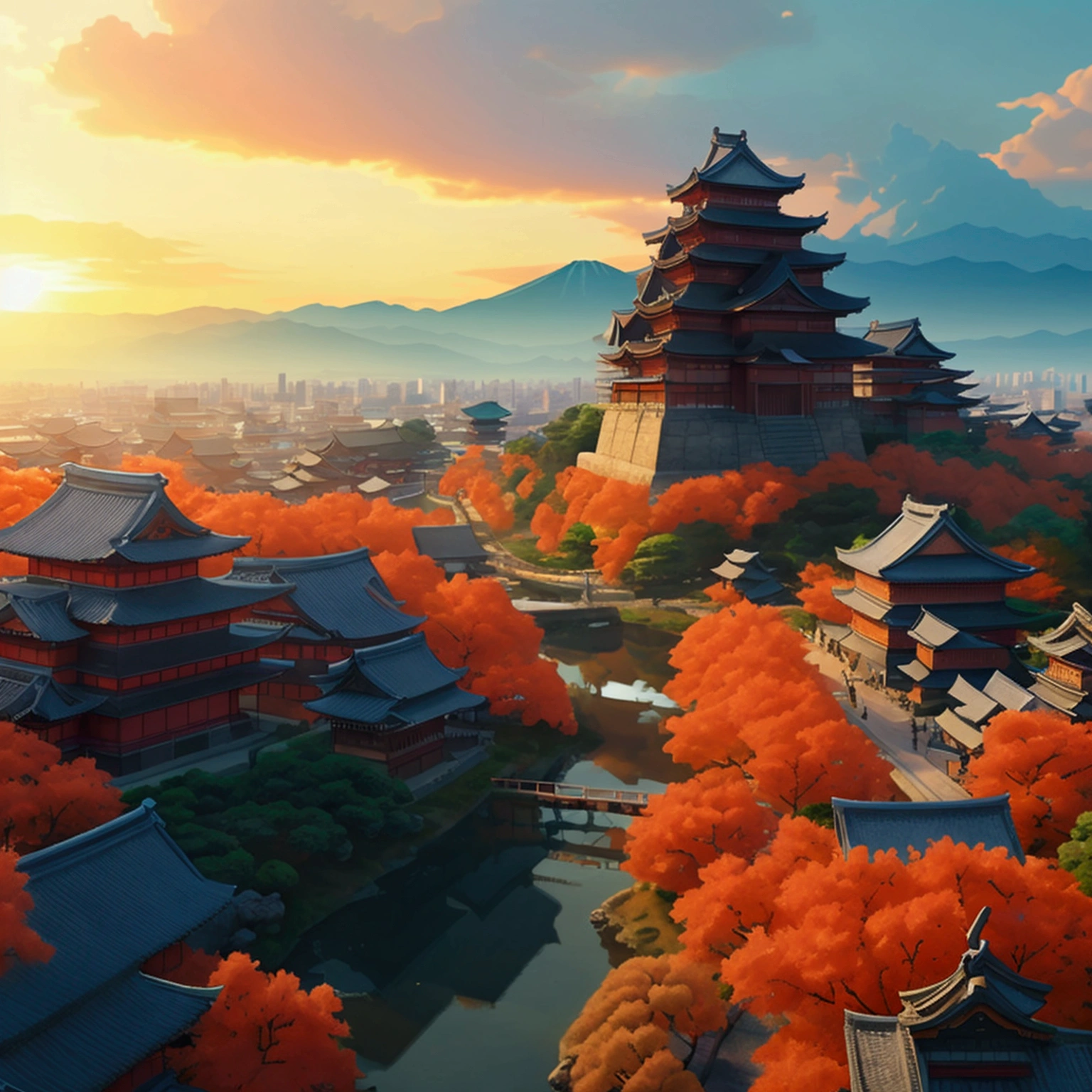 I want a huge ancient Japanese city from the Taisho era, I want a bird's eye view of the entire city. captured in an ultra-realistic full HD 4K portrait, detailed texture, Immersive atmosphere, high definition shadow play.