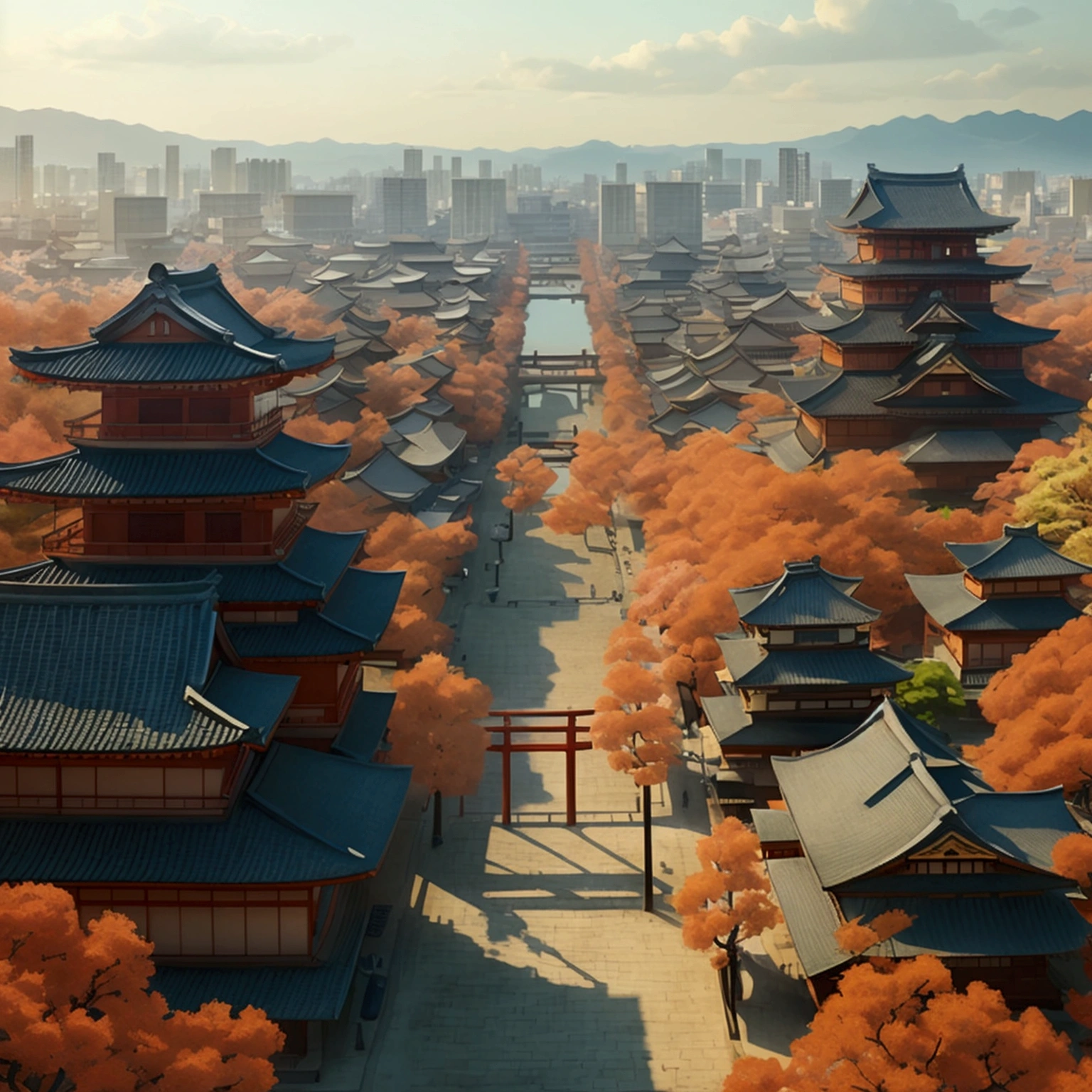 I want a huge ancient Japanese city from the Taisho era, I want a bird's eye view of the entire city. captured in an ultra-realistic full HD 4K portrait, detailed texture, Immersive atmosphere, high definition shadow play.