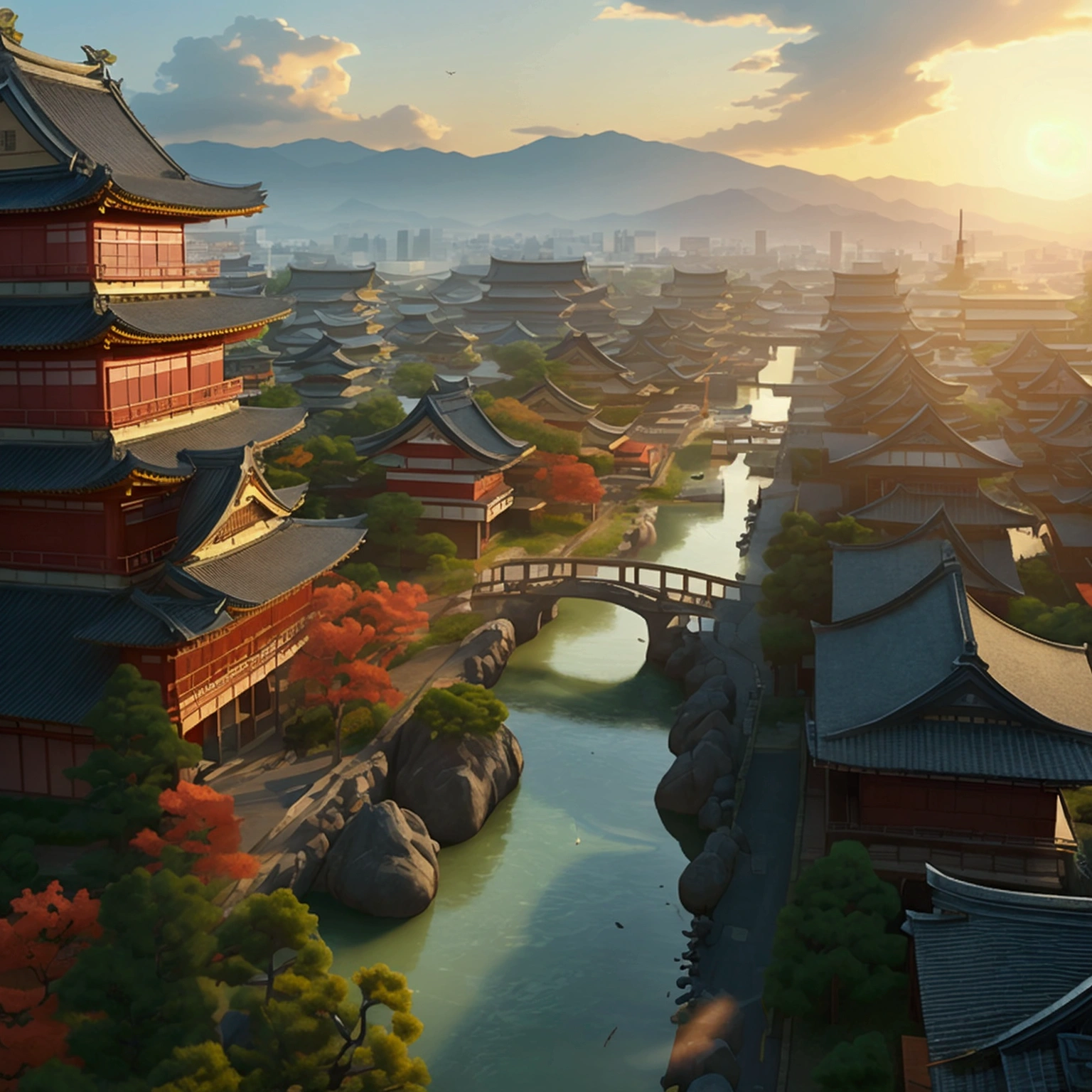 I want a huge ancient Japanese city from the Taisho era, I want a bird's eye view of the entire city. captured in an ultra-realistic full HD 4K portrait, detailed texture, Immersive atmosphere, high definition shadow play.