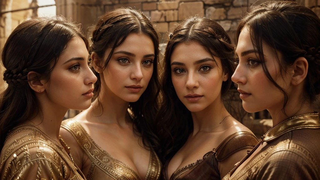 beautiful detailed eyes, beautiful detailed lips, extremely detailed eyes and face, long eyelashes, 3 women, ancient roman architecture, ancient roman walls, admiring men, historical setting, intricate details, dramatic lighting, warm color tones, cinematic composition, hyper realistic, 8k, high quality, detailed painting