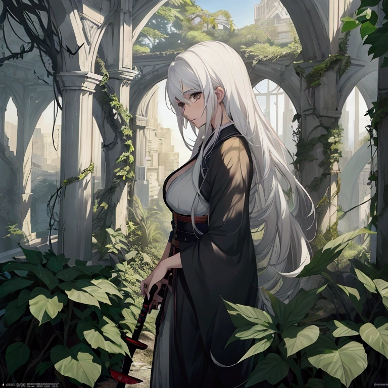 Ivy-covered ruins　Dystopia　Bright sun　One Woman, White hair color、profile、Amazing anime 8k,male Anime characters, trigger anime art style,Japanese sword、 Best anime 4k konachan wallpaper, Nervous Teenage Assassin, Anime-style characters, Anime characters,