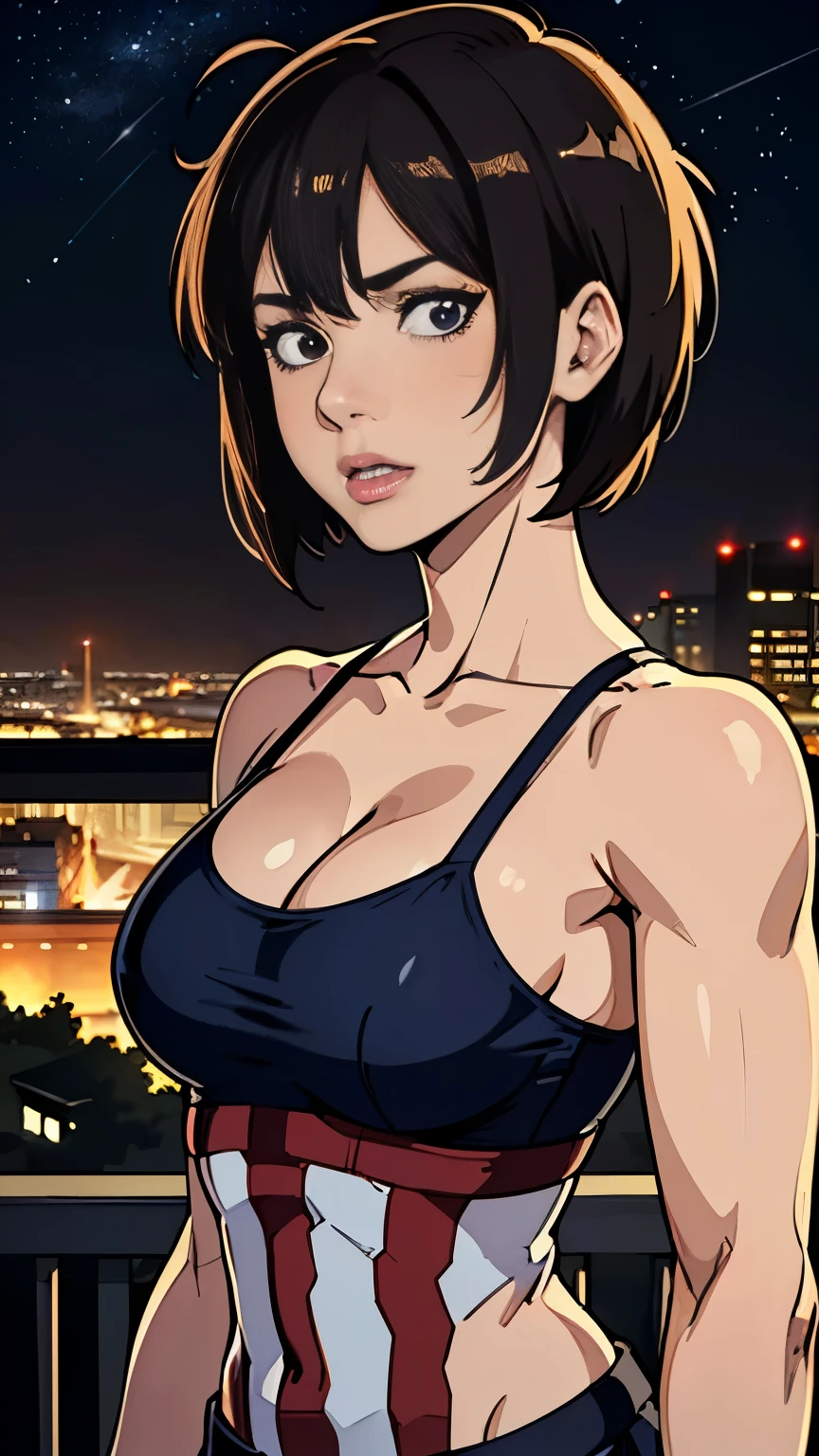 photo of mlp Meowko, RAW, beautiful woman, ((portrait)), ((detailed face:1.2)), ((anime face, anime facial feature, clear skin, glossy anime lips, clear skin), (short messy lesbian haircut, brunette: 1.55), (perfect proportioned body, Strong, muscular, narrow waist, narrow hips, skinny, large breasts, cleavage), arched back, (revealing clothes, wearing Short skirt in Captain America style bralet), (city balcony, midnight city, stary sky), (realistic photo, best quality, detailed), (8k wallpaper), (cinematic lighting, beautiful light, (night:1.3)) (sharp focus, intricate)