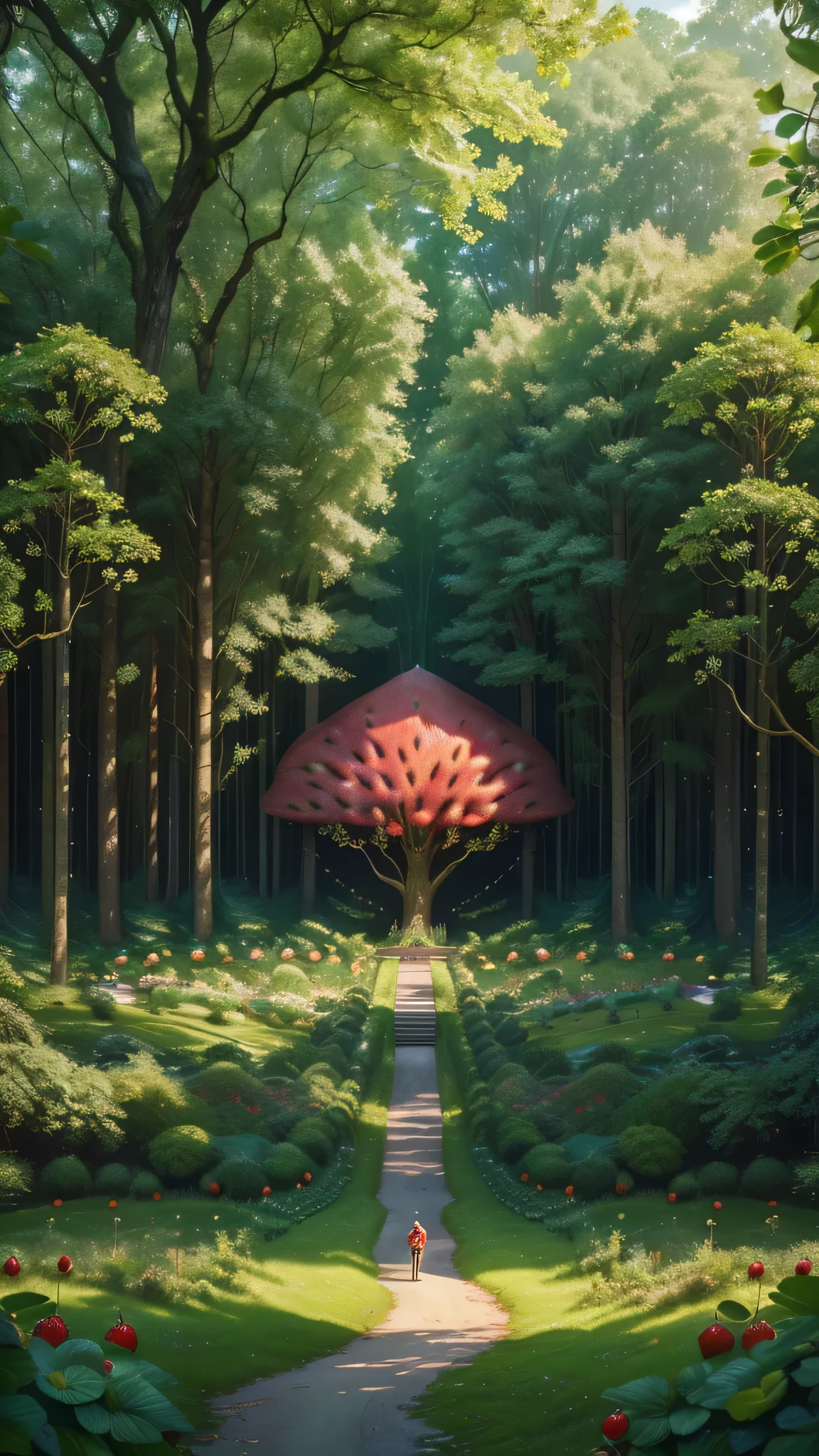 (Highest quality,4K,8k,High resolution,masterpiece:1.2),Super detailed,(photo-realistic:1.37), (perfect anatomy), The Beatlesの曲(Strawberry Fields Forever)The motif is, (Strawberry Tree々In the lush forest(A scene with a giant floating strawberry)), There&#39;s a magical light in the forest.,Strawberries seem like a gateway to another world., There is a small bench under the giant strawberry., There is a little child sitting there, 